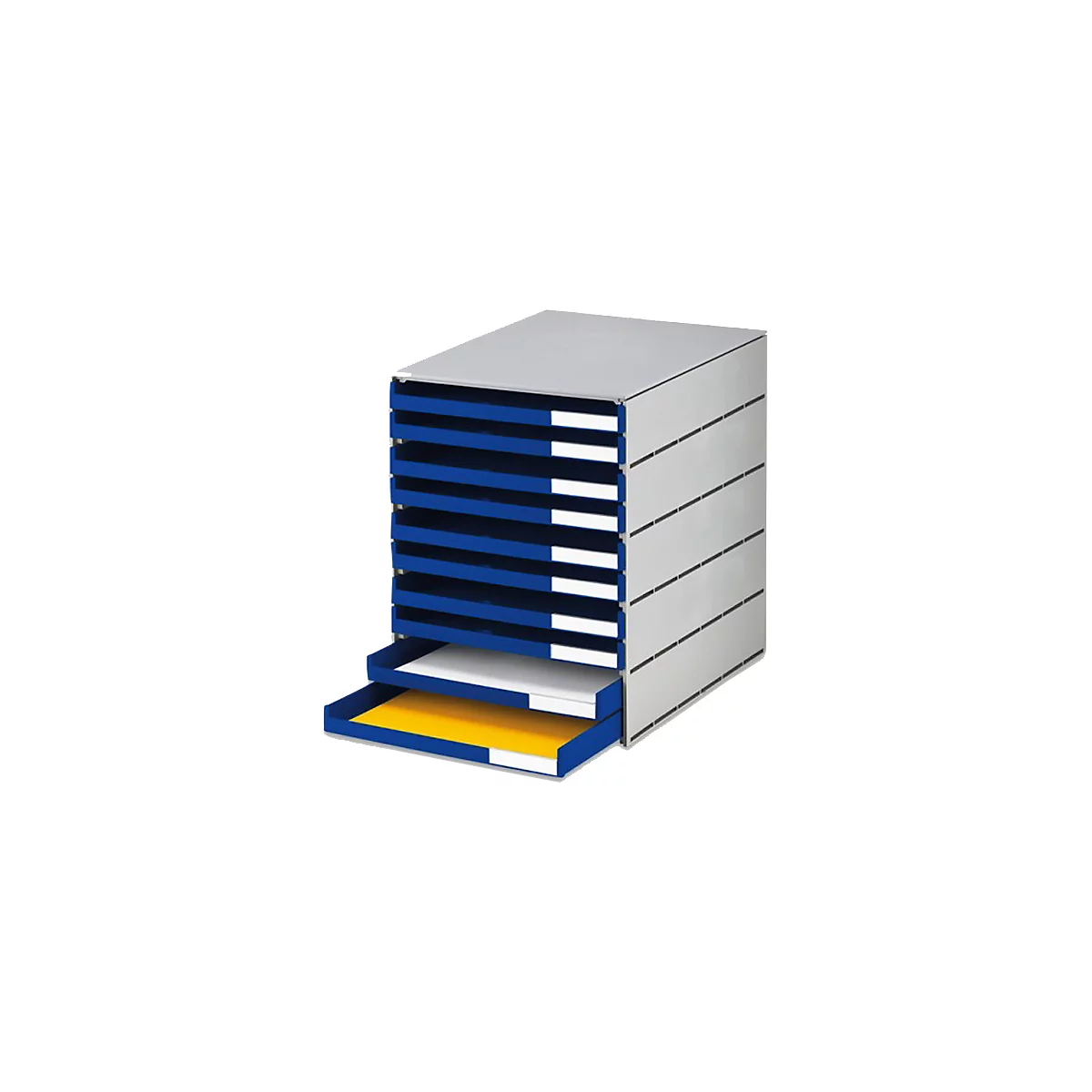 Grijze documentenorganizer met blauwe lades. Gele en witte vellen liggen in twee laden.