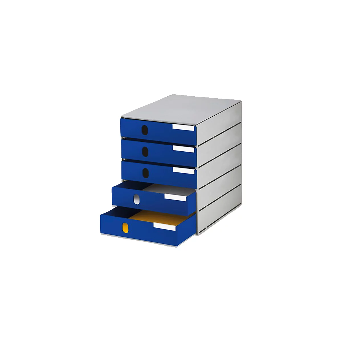 Blauw-grijze ladekast. Open lade met gele inhoud, daarnaast witte etiketten.