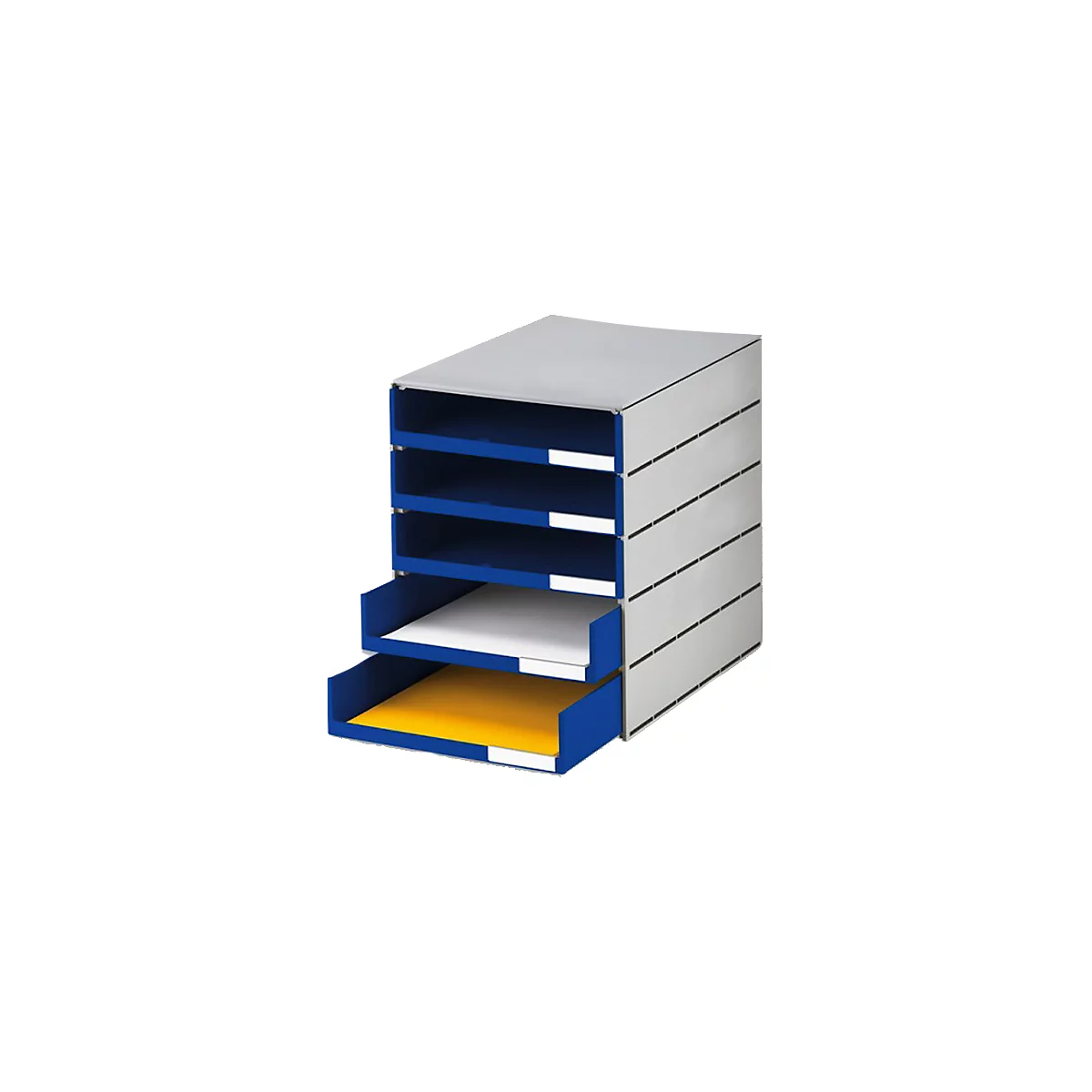 Grijze en blauwe documentenorganizer met laden. Twee laden zijn open en bevatten gele en witte papieren.