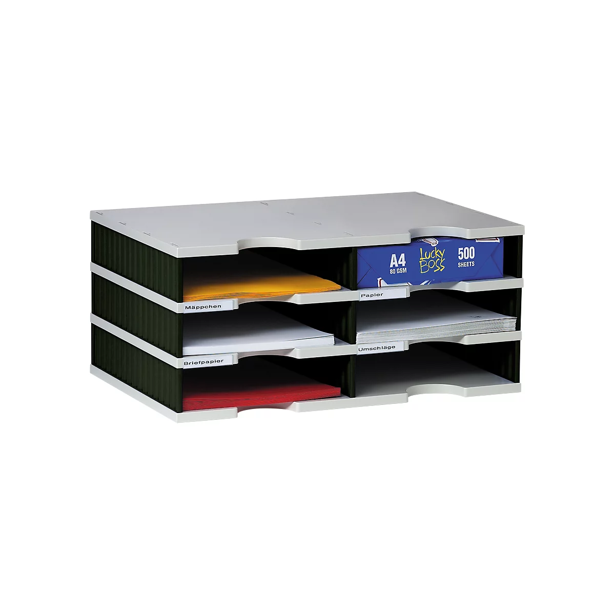 styro® Sortierstation styrodoc Standard, DIN C4, 3 Etagen/2-reihig/6 Fächer, grau/schwarz