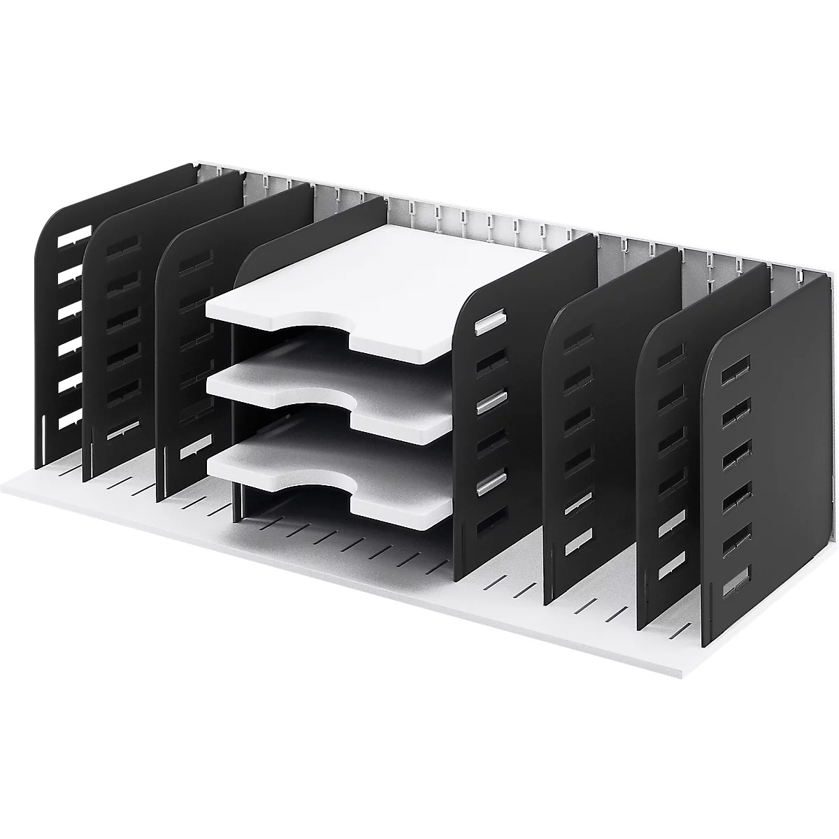 Black and white desk organizer with multiple compartments for documents.