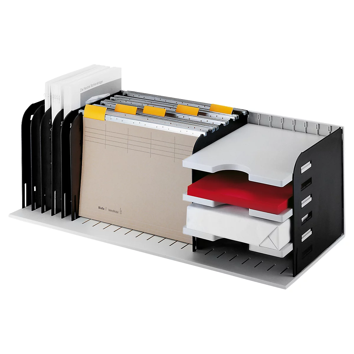 Black, two-part desk organizer with trays, files and stacks of paper.
