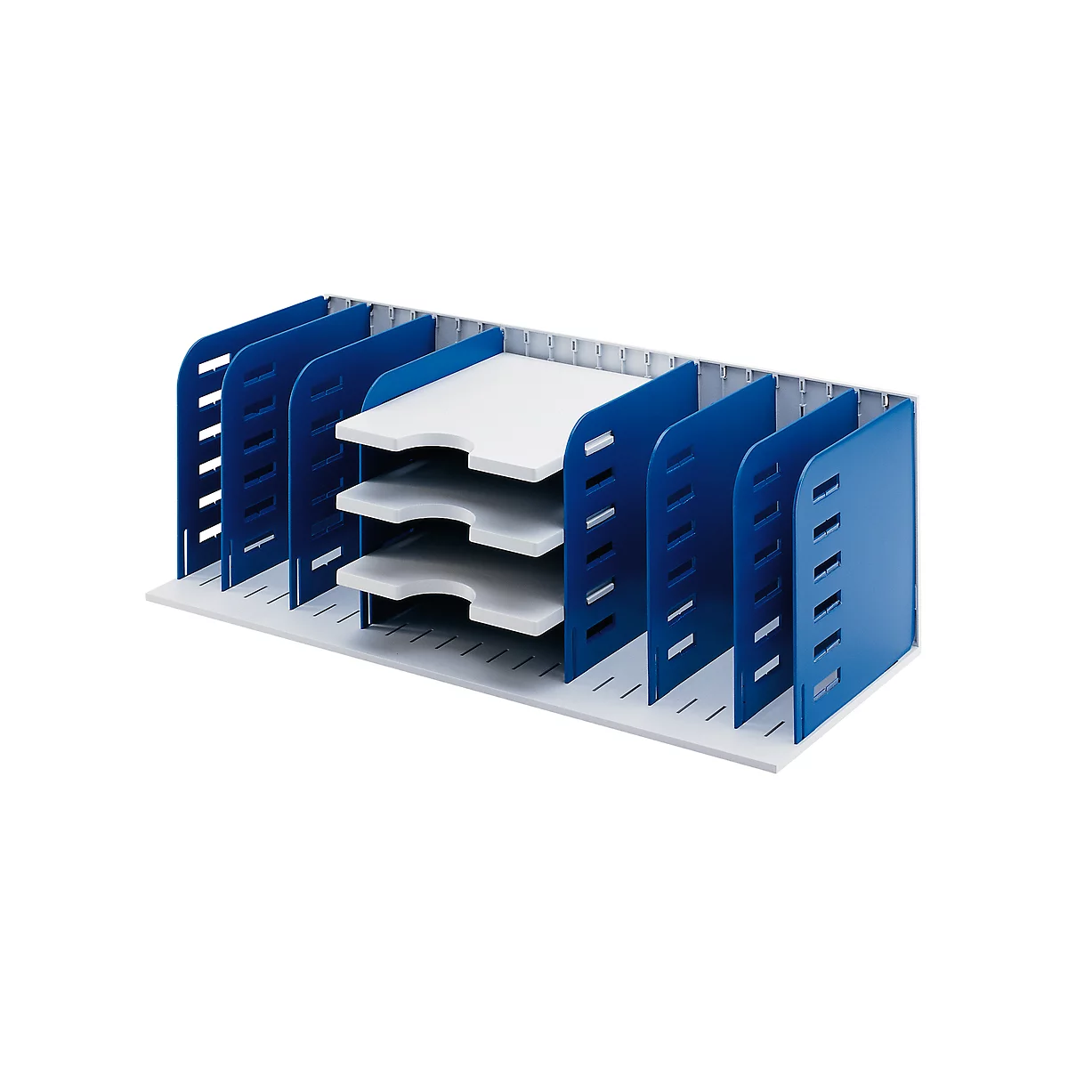 Blue and white office desk file organizer. Dividers and compartments for documents.