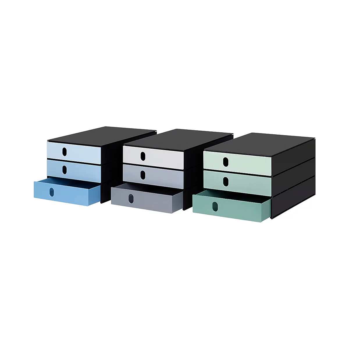 Three drawer boxes in different colors. Each box has three drawers and a black lid, one drawer is open.