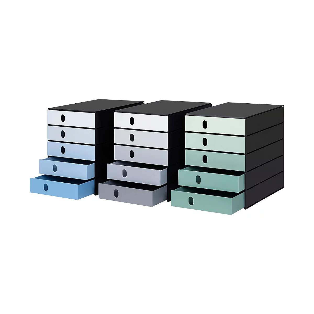 Three stacked drawer units in different colors, with drawers open.