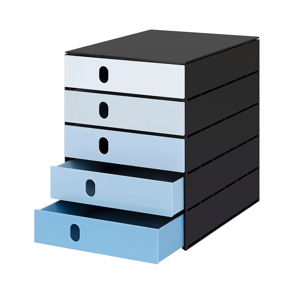 Chest of drawers. Black body, drawers in white, light gray and blue. Two drawers open.