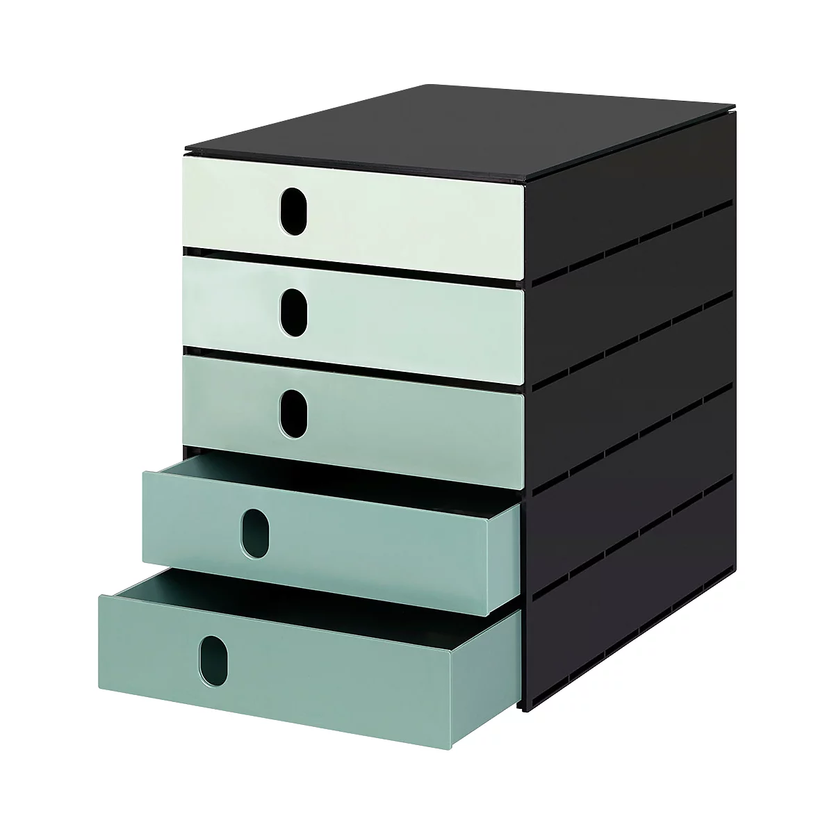 A black, five-drawer cabinet. The drawers are light green with oval handle openings. One drawer is open.
