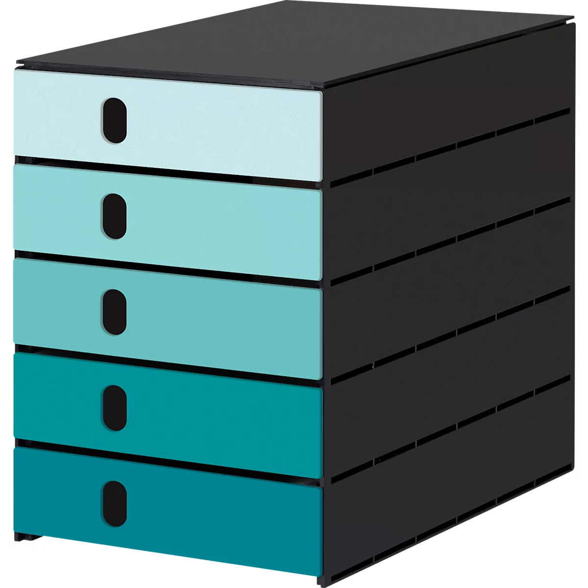 Dressoir met laden in verschillende blauwtinten. De rechterkant en bovenkant zijn zwart.