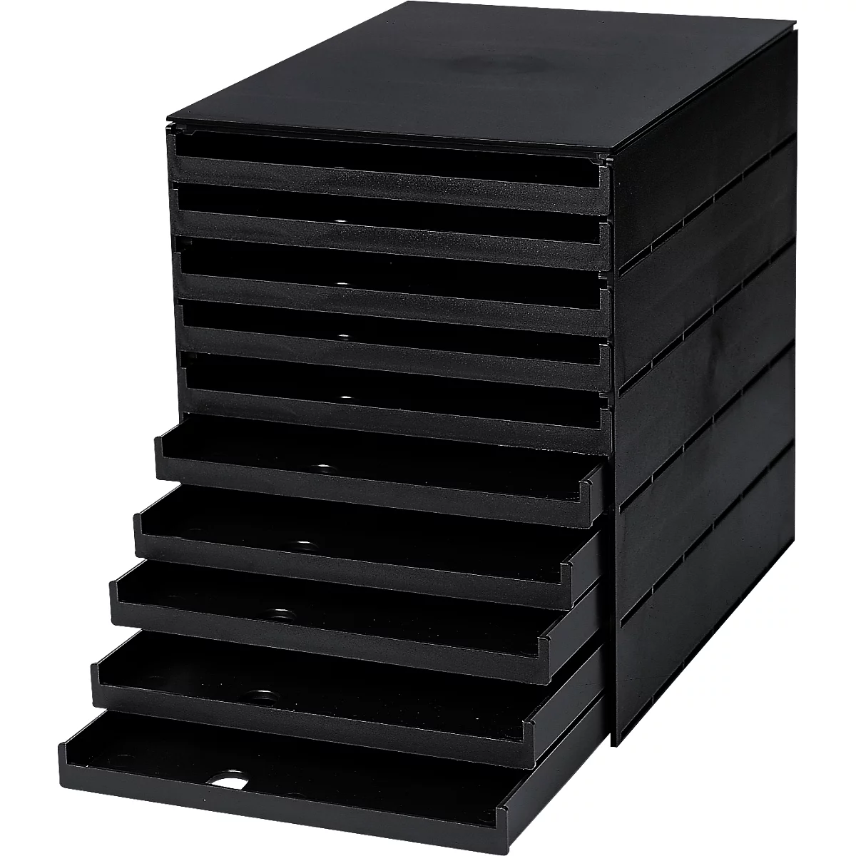 Black drawer system with several open and closed drawers. The drawers are arranged in several rows.
