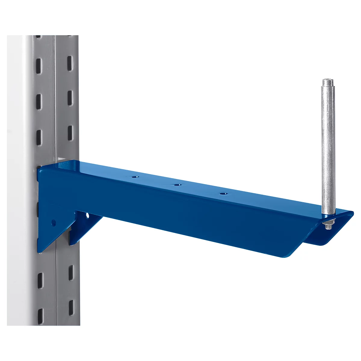 Blue shelf support, attached to a shelf support. A silver pin at the end.