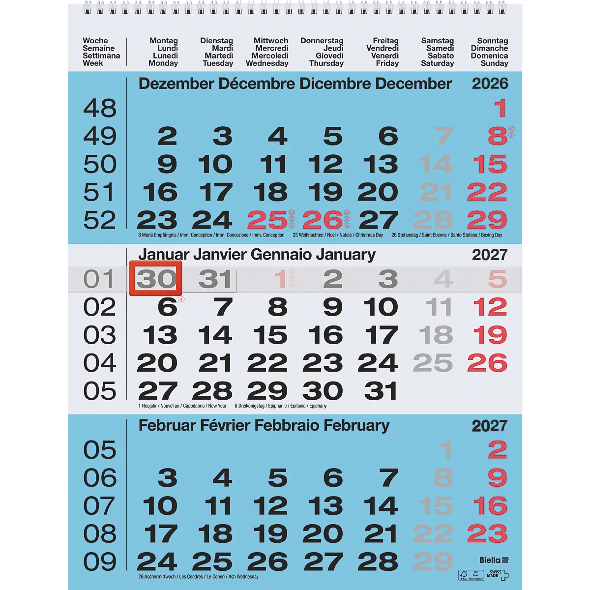 Monatskalender mit Datumsangaben für Dezember 2026, Januar und Februar 2027, der 30. Januar ist rot umrandet.
