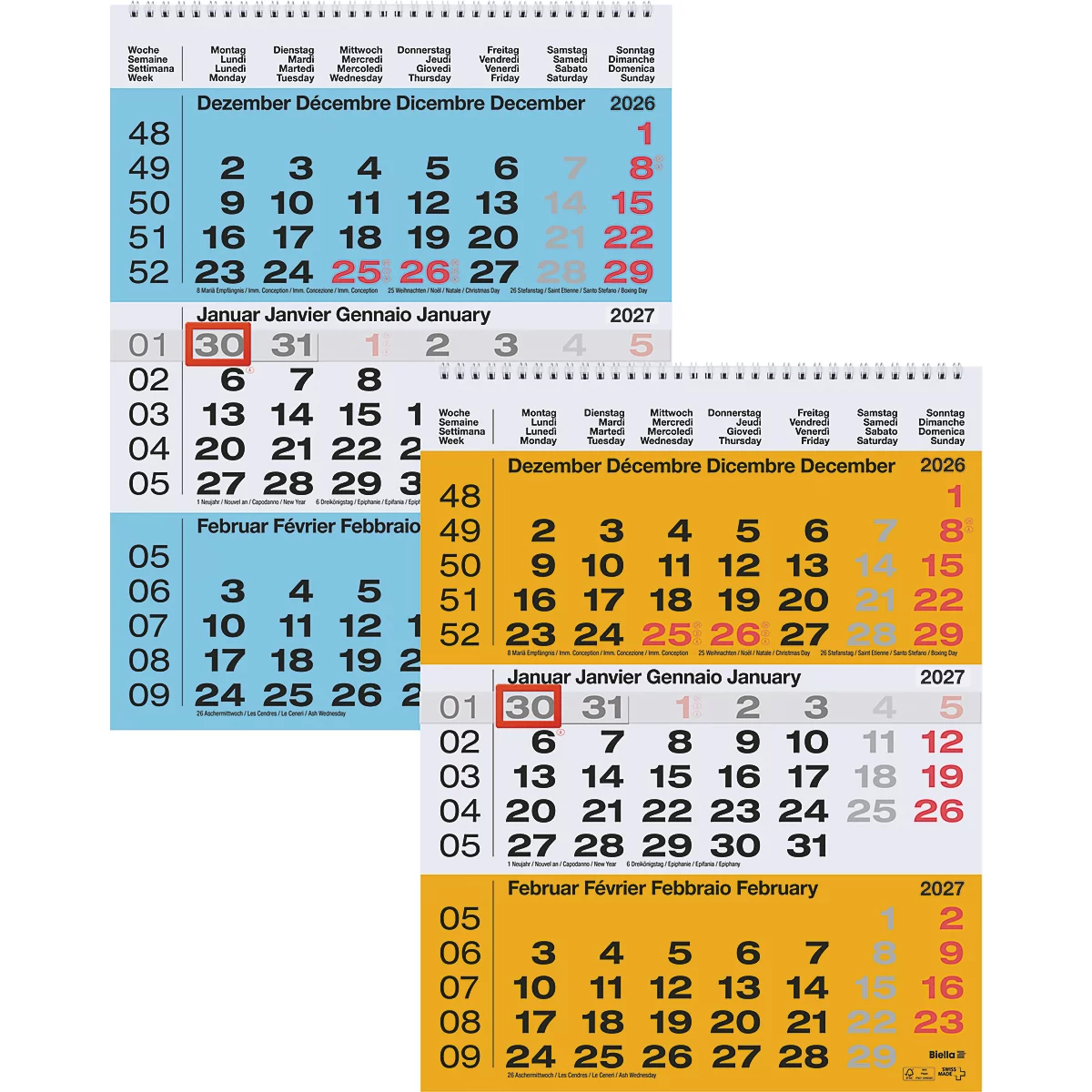 Mehrere Papierkalender mit Datumsanzeigen, die übereinander angeordnet sind. Jahreszahlen 2026, 2027.