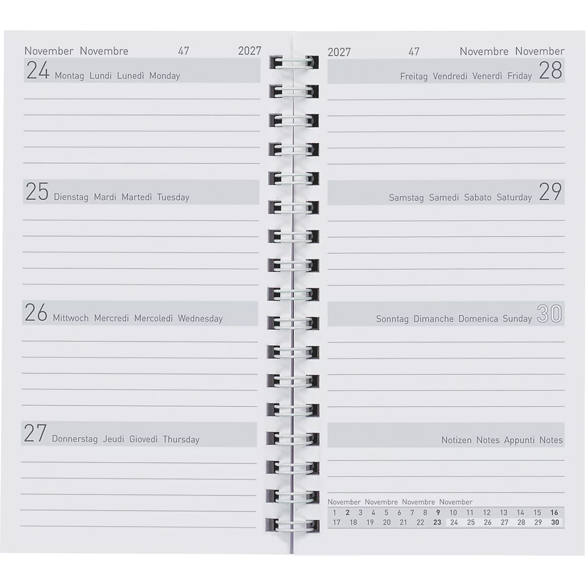 Page ouverte d'un carnet avec les dates de novembre 2027. Colonnes avec des barres grises pour les jours de la semaine et des lignes pour les notes sont visibles sur du papier blanc.