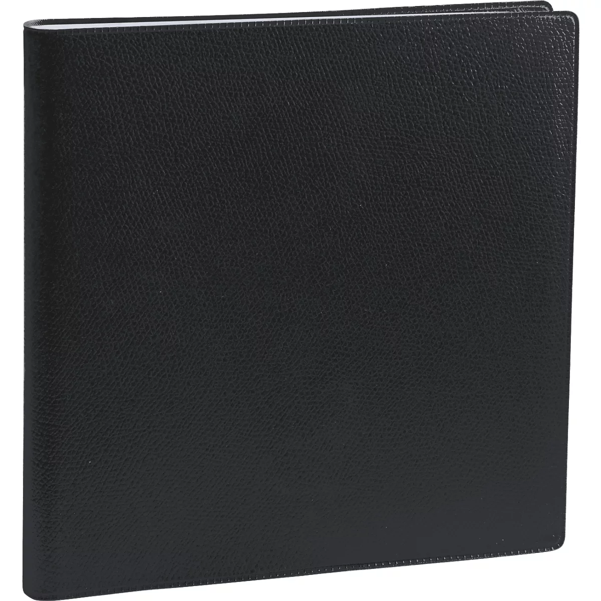 Livre en cuir noir avec bord en papier blanc.
