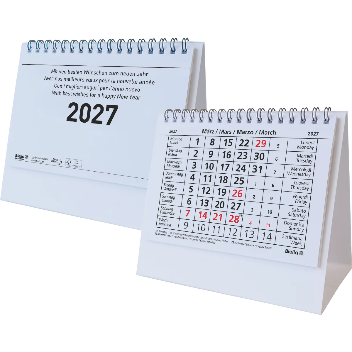 Deux calendriers de bureau blancs avec reliure à spirale. L'un montre l'année 2027. L'autre montre mars 2027.