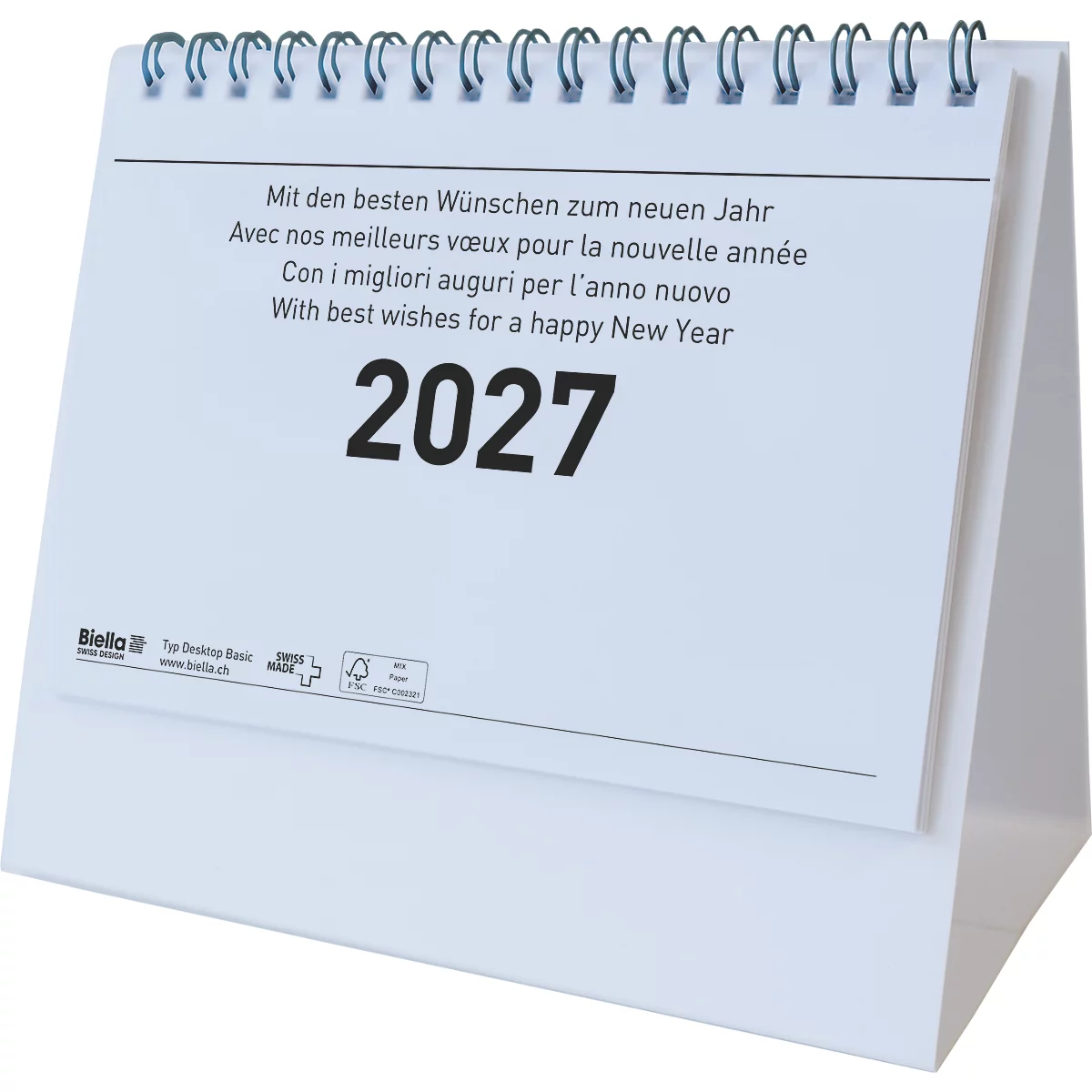 Calendrier de bureau blanc avec spirale, avec l'inscription "2027". Vœux du Nouvel An multilingues.