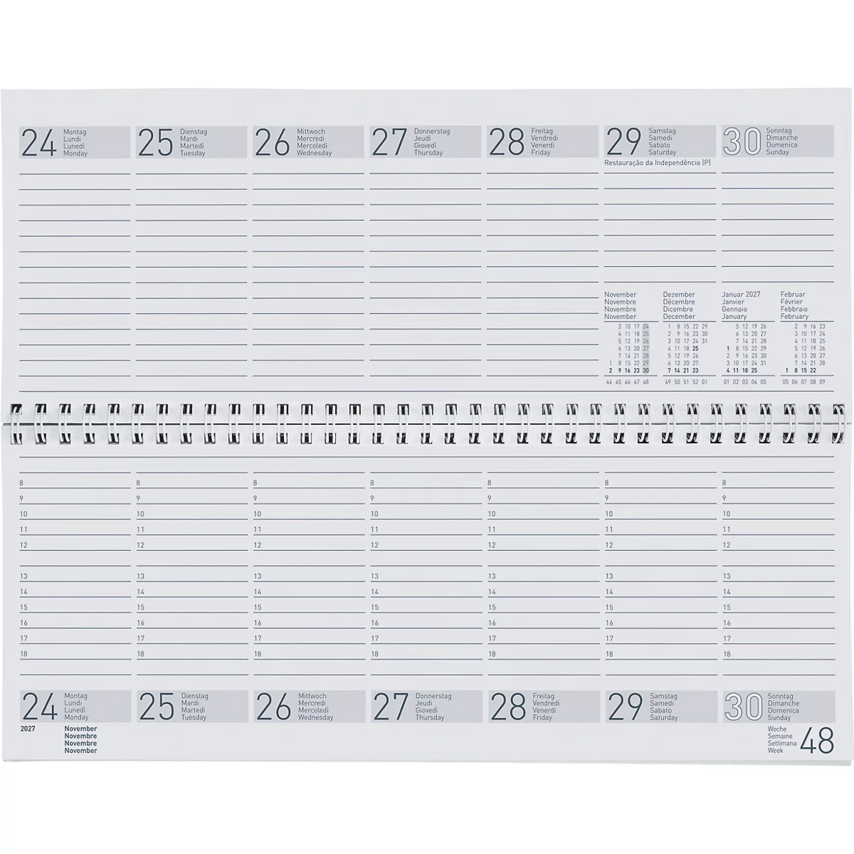 Cahier ouvert avec les jours de la semaine, des lignes et un petit calendrier.