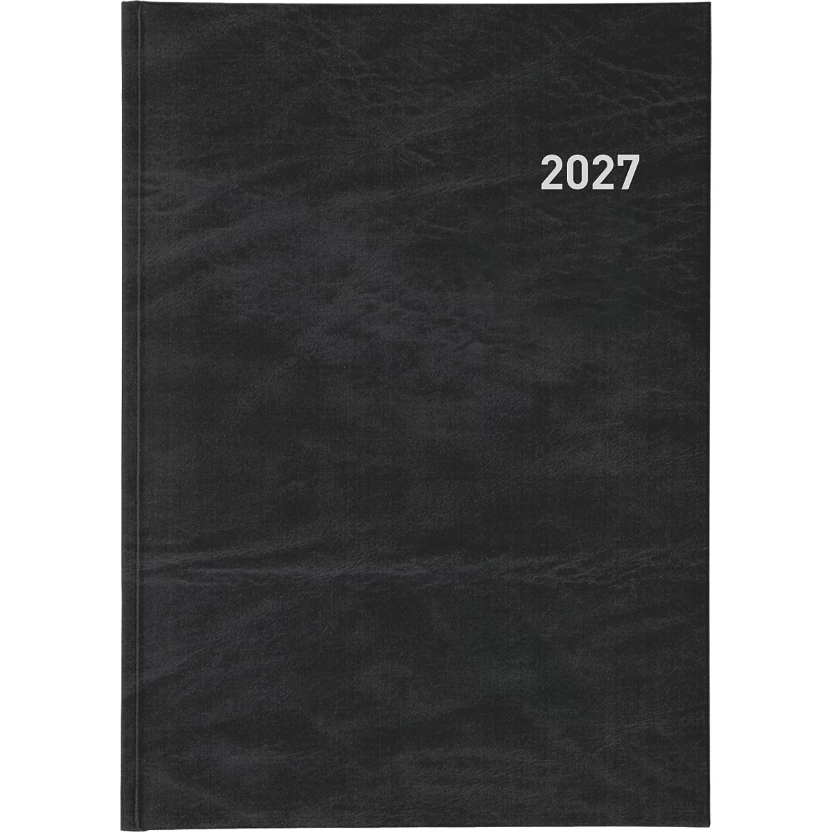 Agenda noire avec surface en relief. L'année blanche 2027 est en haut à droite.