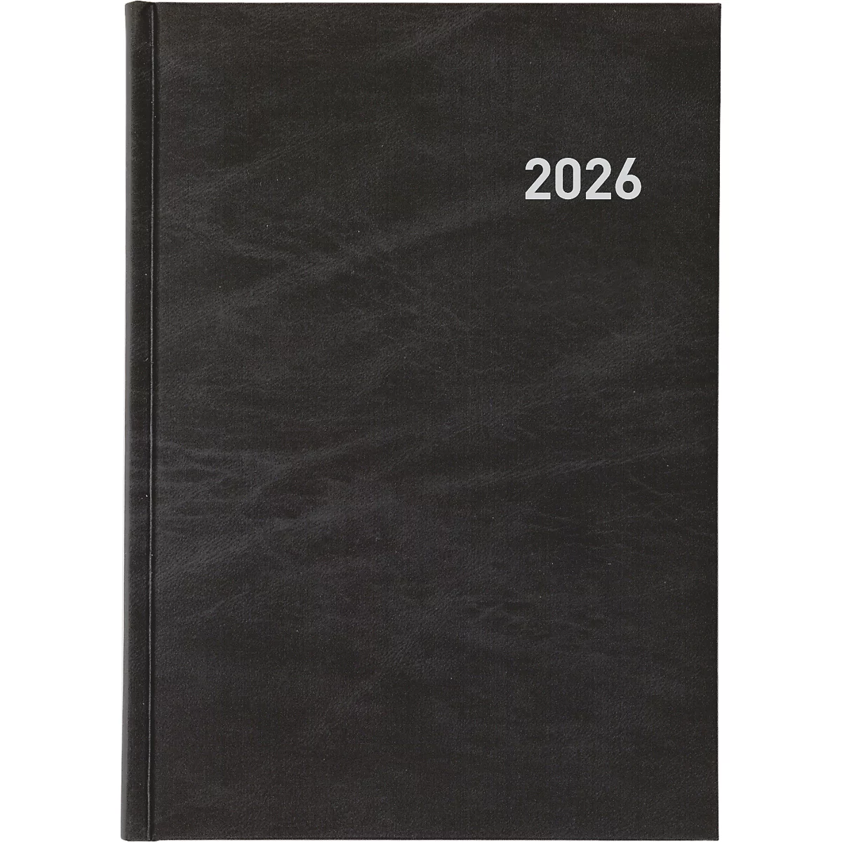 Carnet noir avec l'année blanche 2026. La couverture a une texture semblable à du cuir.