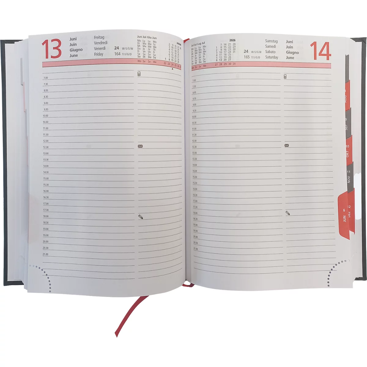 Agenda ouverte montrant les pages 13 et 14, calendrier bordé de rouge et marque-page rouge.