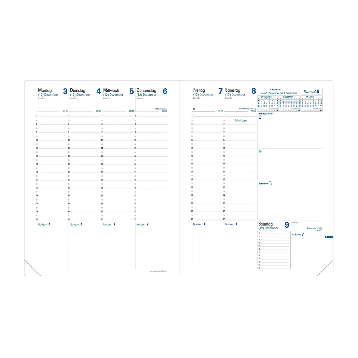 Calendrier ouvert avec vue hebdomadaire, police grise sur papier blanc. Semaine de calendrier 45.