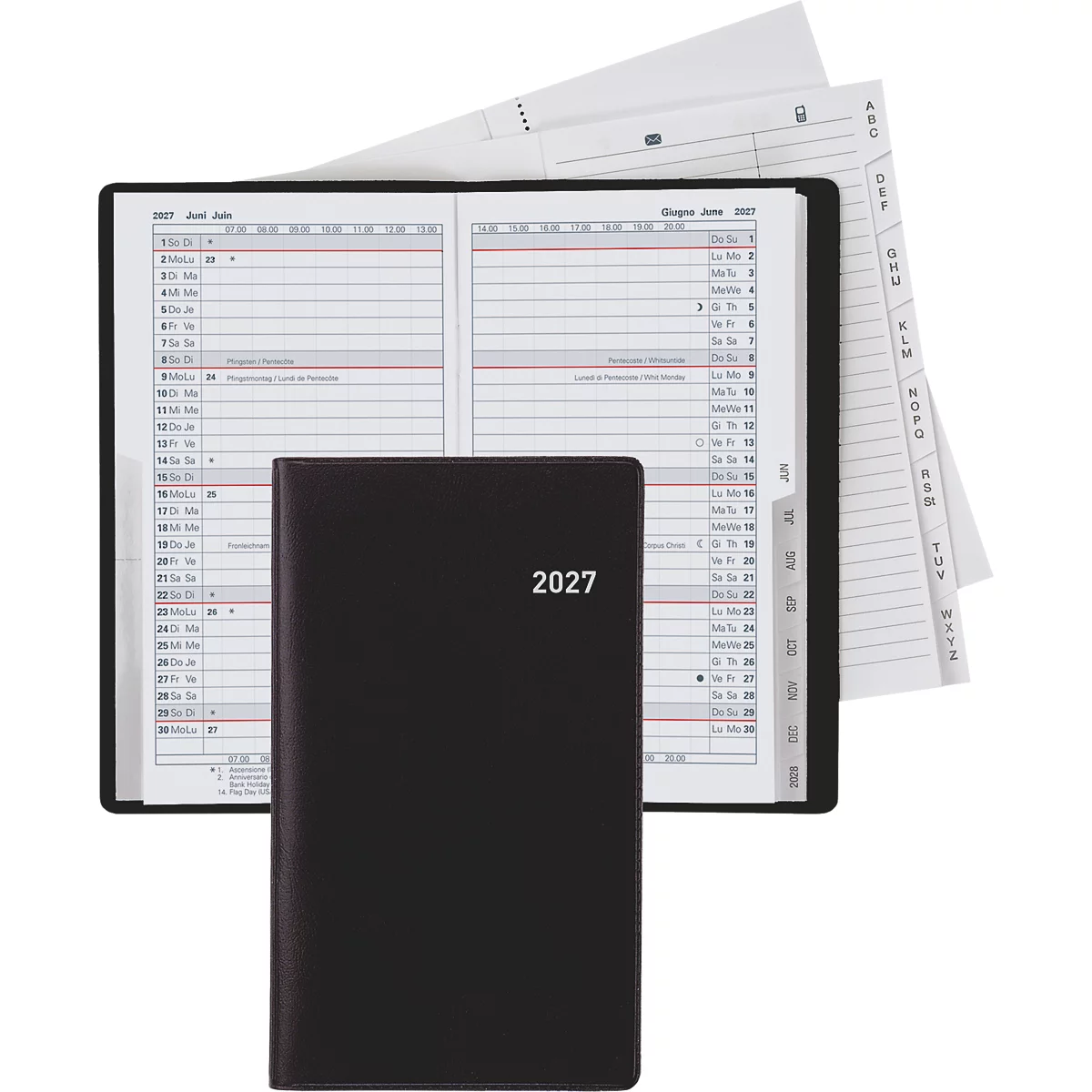 Schwarzes Notizbuch mit Jahreszahl 2027 vor geöffnetem Kalender mit Datumsübersicht.