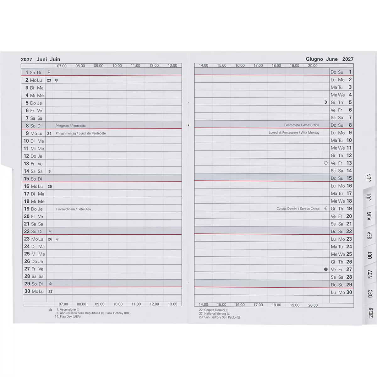 Aufgeschlagener Kalender mit Juni-Monatsansicht. Zeilen mit Datumsangaben in Deutsch und Italienisch. Gestreiftes Papier mit roten Linien.