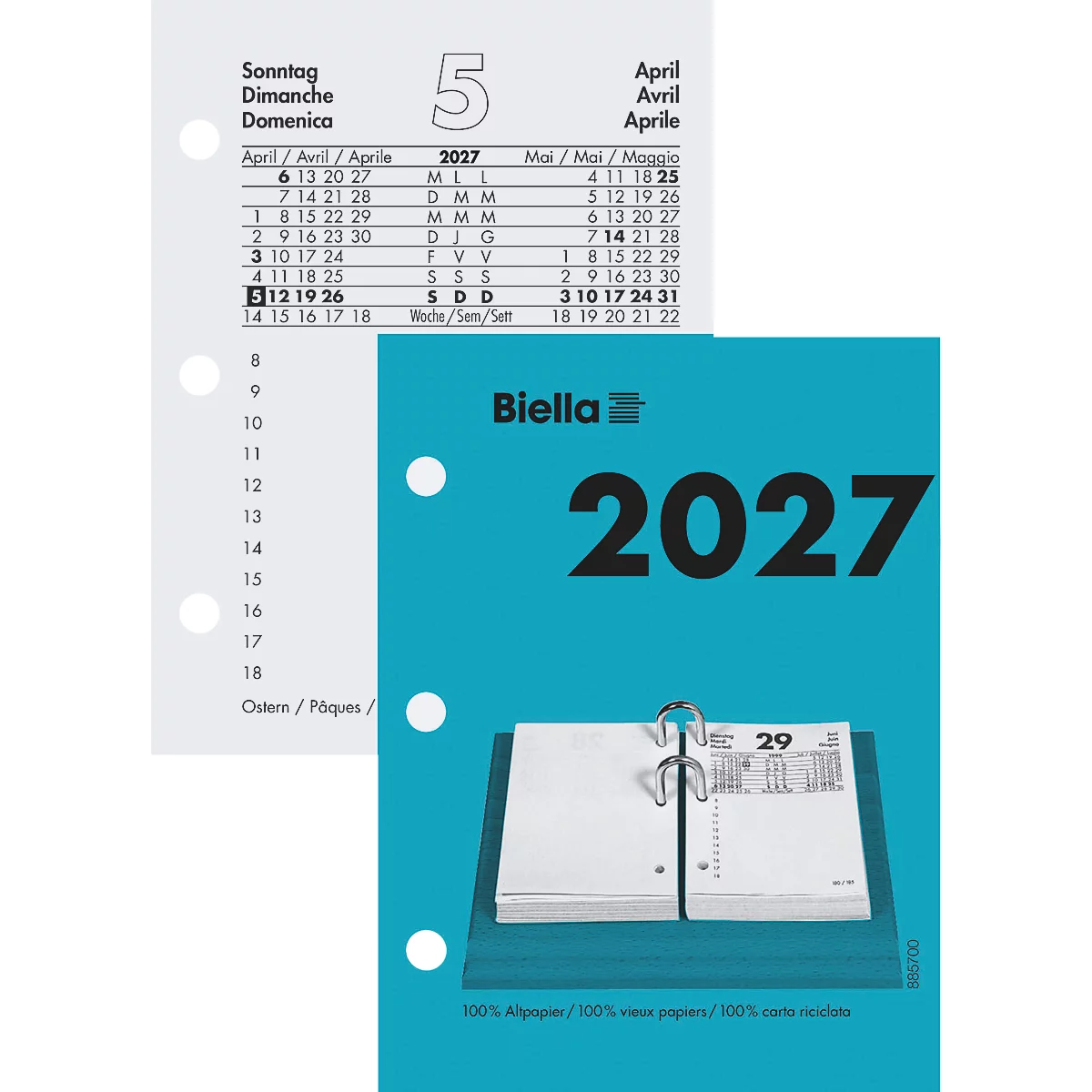 Un calendrier bleu avec l'année 2027 est ouvert, à côté une feuille de calendrier avec les dates. Le logo Biella est visible.