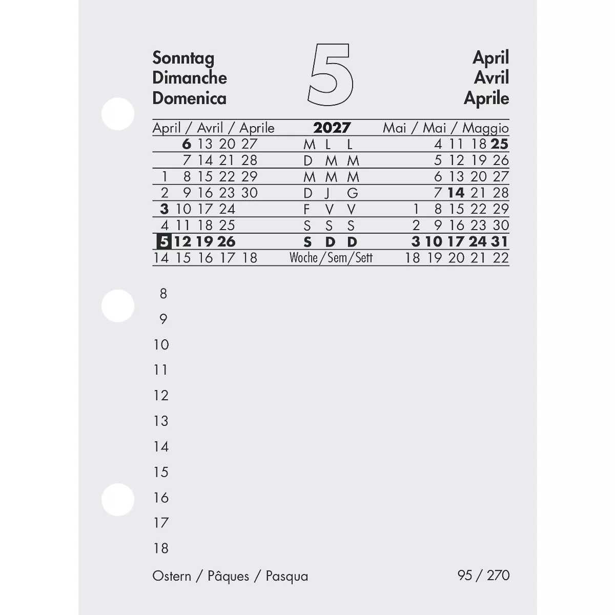 Une page de calendrier d'avril 2027 avec des dates en gras, des lignes en allemand, français et italien.