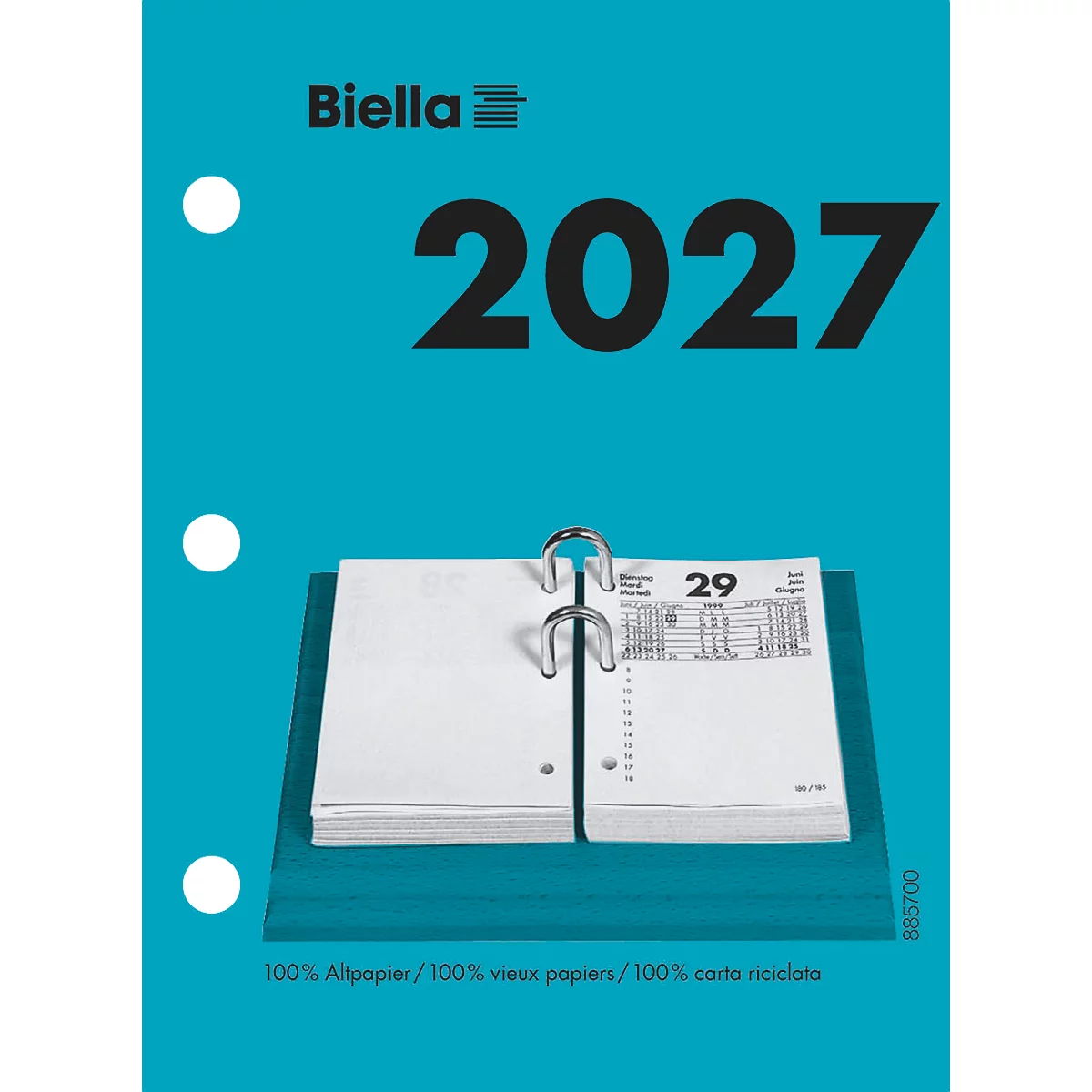 Calendrier bleu-vert 2027 avec des anneaux métalliques. Ouvert le 29e jour. Imprimé Biella, 100% papier recyclé.