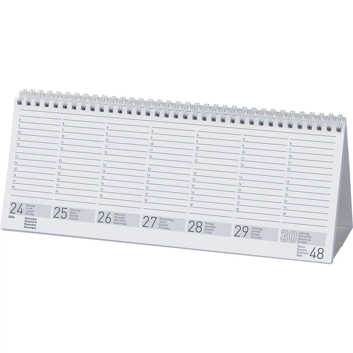 Calendrier de bureau blanc, reliure à spirale en haut, aperçu hebdomadaire. Numéros de 24 à 30. Colonnes lignées pour les notes, police grise.