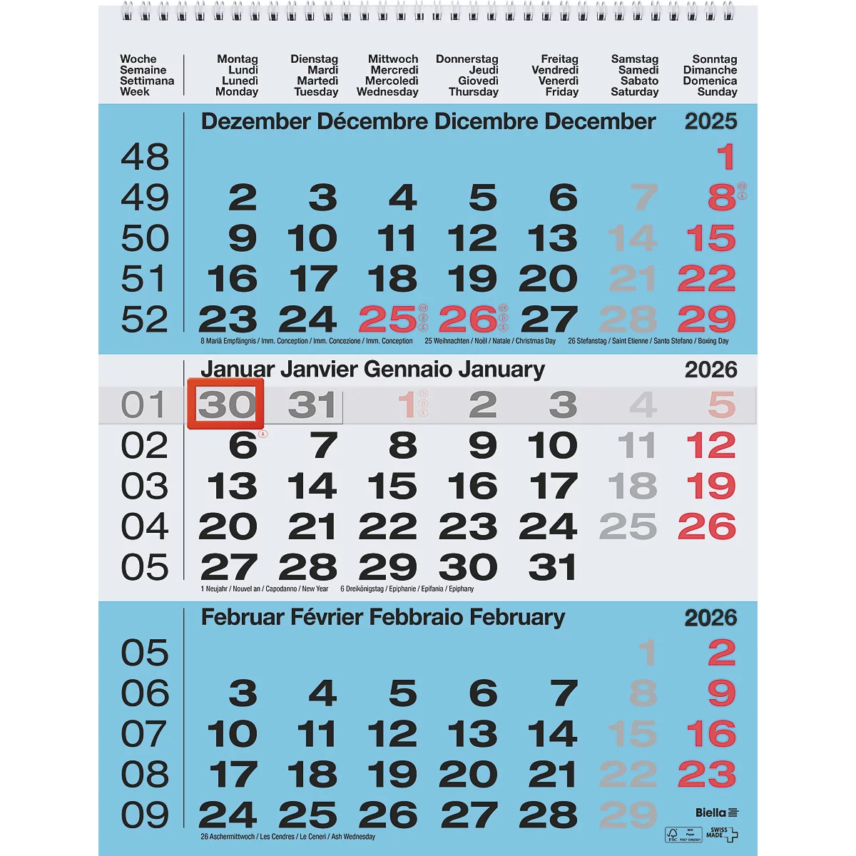 Un calendrier avec une marque rouge sur le 30 janvier 2026. Plusieurs mois sont visibles, avec des désignations de jours et de semaines dans différentes langues.