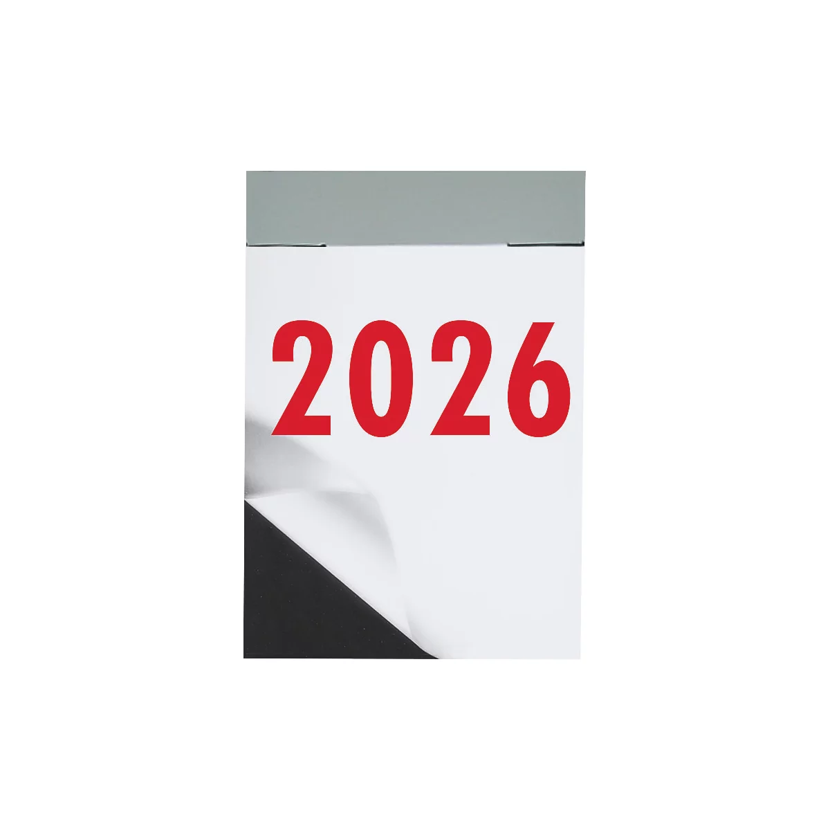 Calendrier affichant l'année 2026 en chiffres rouges sur papier blanc. Une bordure noire est visible en bas à gauche.