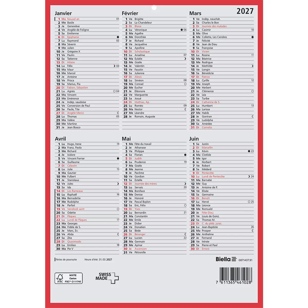 Un calendrier mural gris pour 2027 avec un cadre rouge. Les mois de janvier à juin sont énumérés. Le calendrier porte un drapeau suisse.