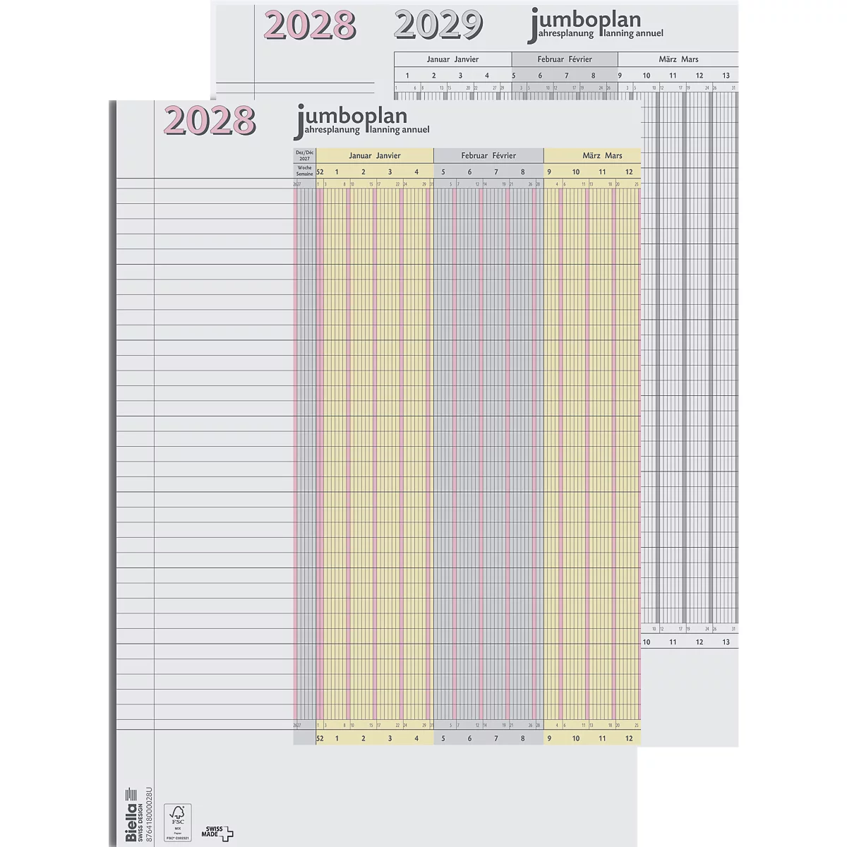 Un planificateur hebdomadaire pour 2028 et 2029 avec des tableaux et des lignes grises, jaunes et rouges. Le mot "jumboplan" est visible.