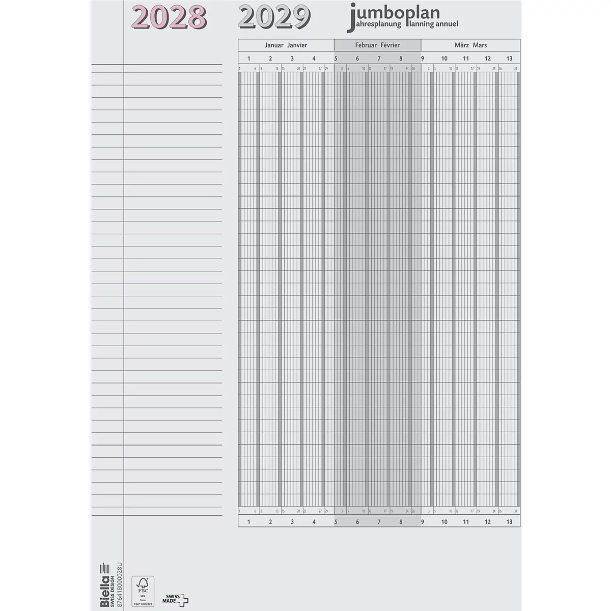 Planificateur gris clair avec les années 2028-2029 et le logo "jumboplan". Les mois et les jours sont affichés en colonnes à droite.