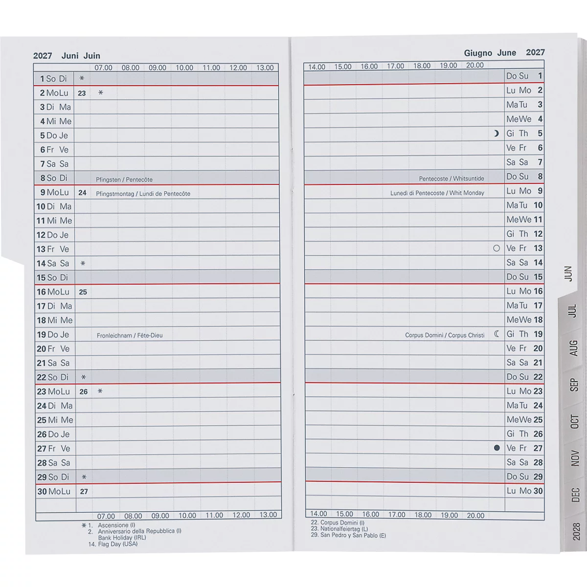 Calendrier de juin 2027, double page ouverte. Mois à gauche, jours avec heures à droite. Lignes rouges séparent les semaines.