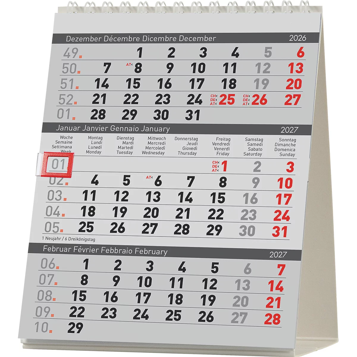 Ein Tischkalender mit Dezember 2026, Januar und Februar 2027. Der Januar ist mit einer roten Markierung für den 1. Tag hervorgehoben.