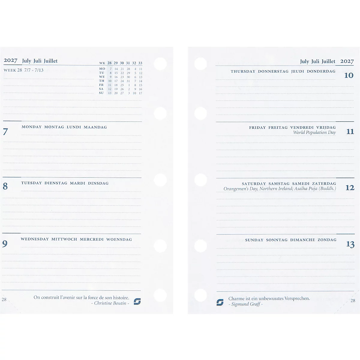 Calendrier affichant la vue hebdomadaire de juillet 2027. Comprend les dates, les jours de la semaine en plusieurs langues et des notes pour chaque jour.