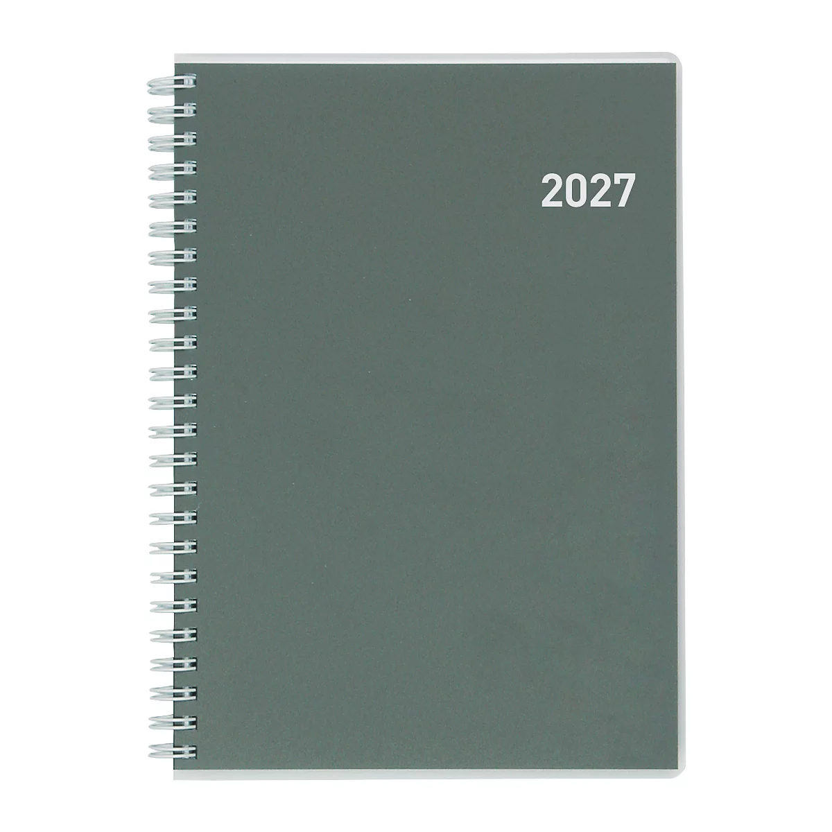 Grauer Spiralblock mit der Jahreszahl 2027 in weisser Schrift.
