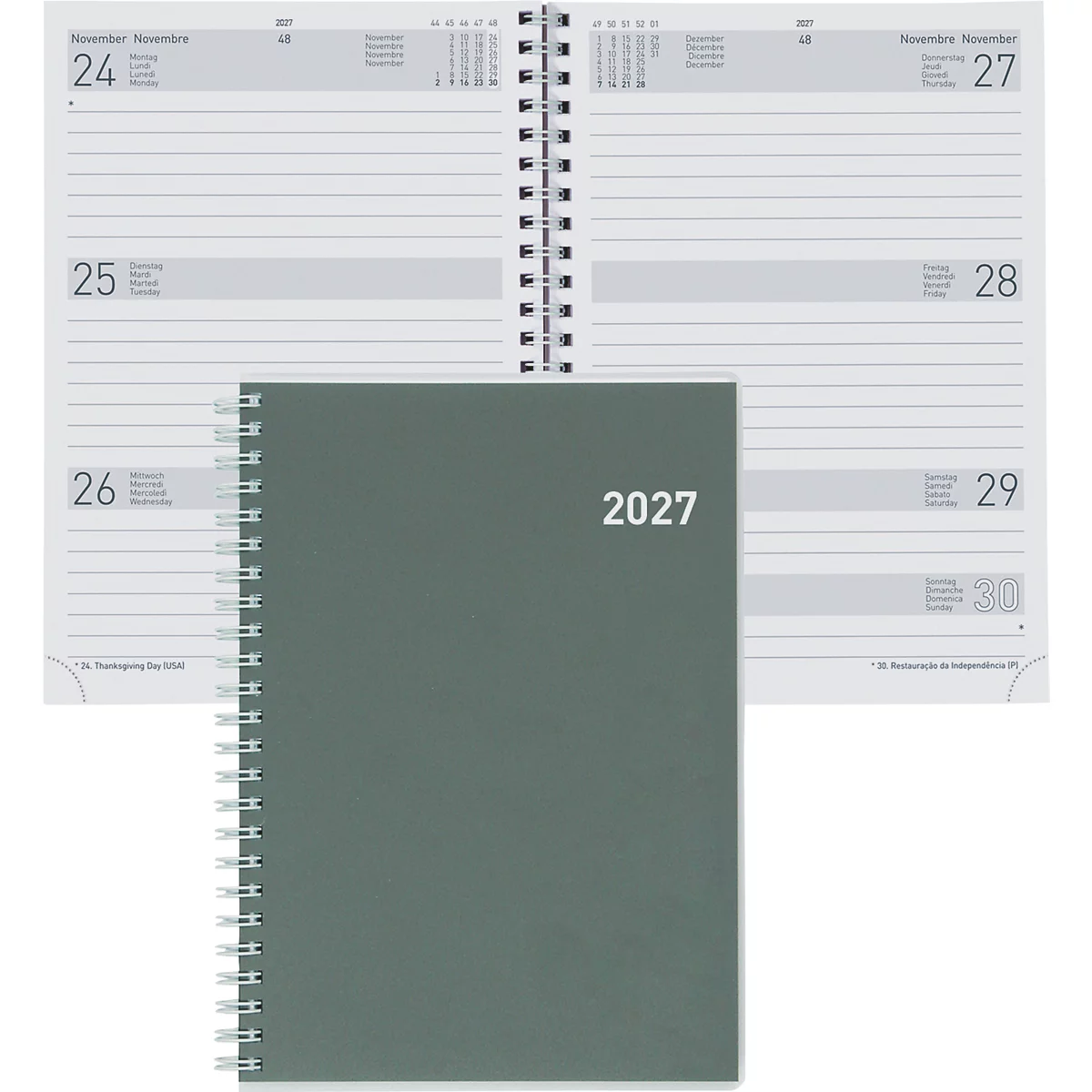 Grauer Terminkalender mit dem Jahr 2027 auf dem Cover, Spiralbindung, offene Seiten zeigen das Datum.