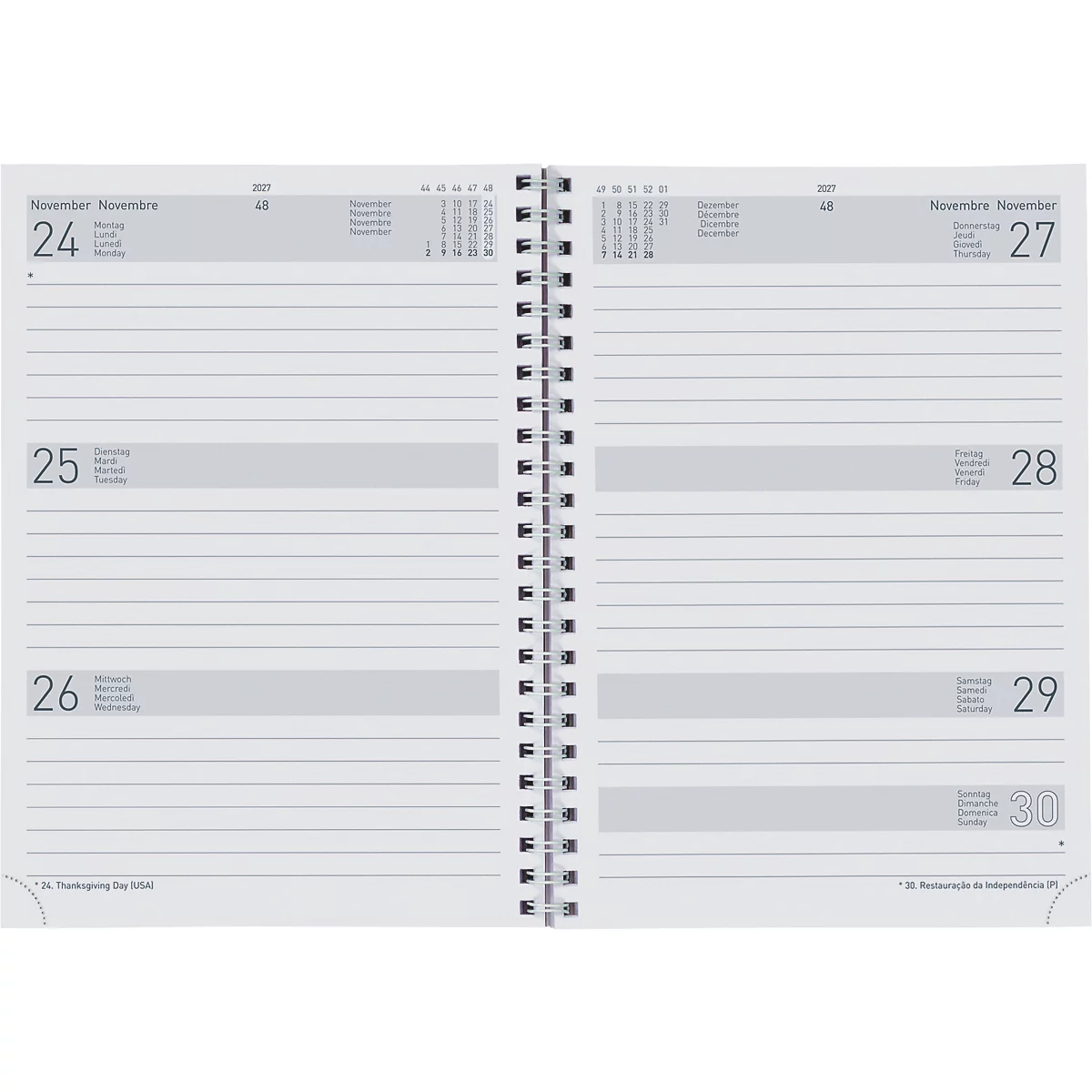 Aufgeschlagenes Notizbuch mit Spiralbindung. Links die Daten 24., 25. und 26. November. Rechts die Daten 27., 28., 29. und 30. November.