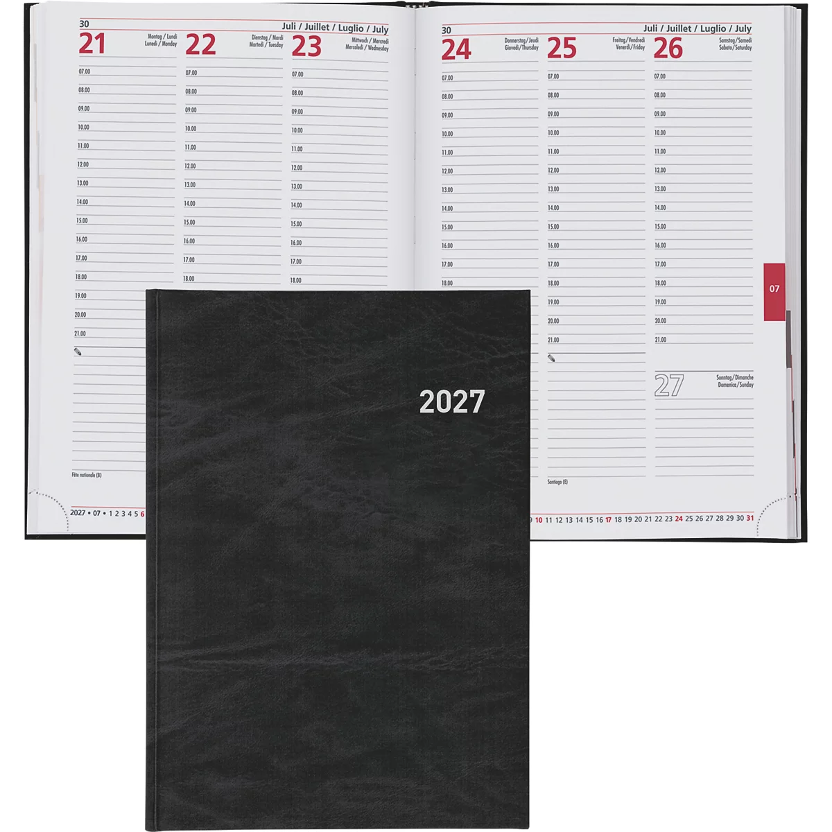 Schwarzes Notizbuch mit der Prägung 2027 und offenem Wochenkalender.