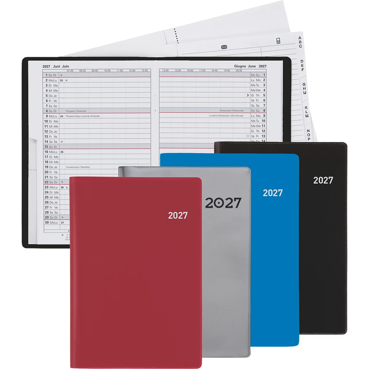 Mehrere Notizbücher 2027 in verschiedenen Farben und ein geöffnetes Notizbuch mit Kalenderseiten. Notizbücher in Rot, Grau, Blau und Schwarz.