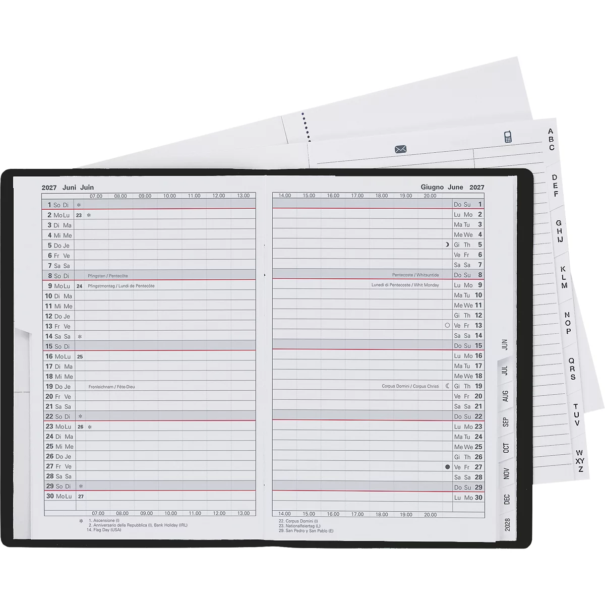 Ein geöffneter Kalender mit schwarzem Rahmen, Tagesübersicht Juni 2021. Daneben Registerkarten mit Buchstaben. 