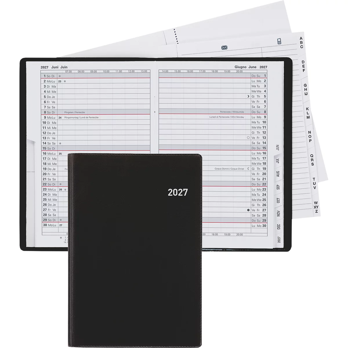 Carnet noir avec l'année 2027 devant un calendrier ouvert. Séparateurs blancs avec des lettres. Pour la planification des rendez-vous.
