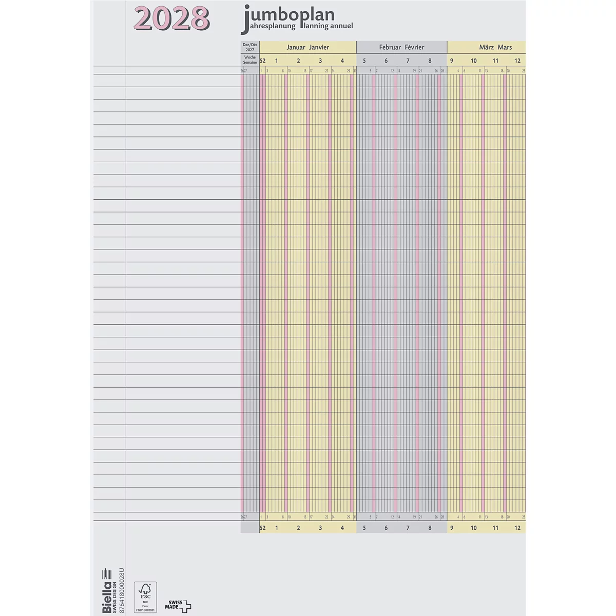 Kalender für 2028. Gelbes Raster mit rosa Linien, graue Spalten. Oben links "2028", rechts oben "jumboplan".