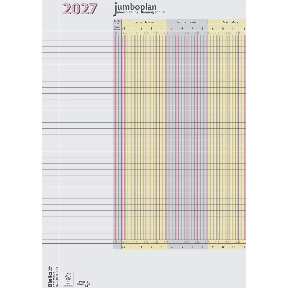 Der Jumbo Planer 2027 zeigt ein Tabellen-Layout für das ganze Jahr, mit farblich markierten Spalten und Rasterlinien.