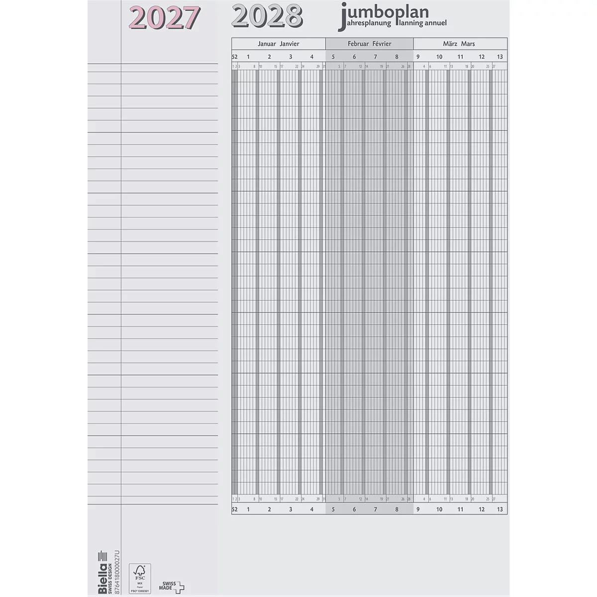 Hellgrauer Kalender für 2027/2028. Links Spalten für Notizen. Rechts Monatsübersicht mit Datum. Oben: 'jumboplan' und Jahreszahlen.