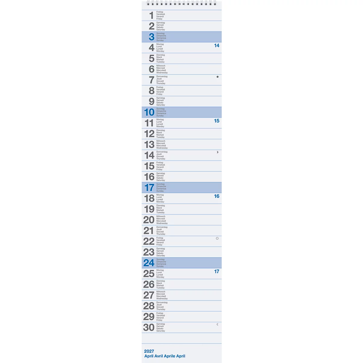 Monatskalender mit Datumsangaben von 1 bis 30. Die Tage sind in einer vertikalen Reihe aufgelistet. Die Tage 3, 10, 17 und 24 sind blau markiert.